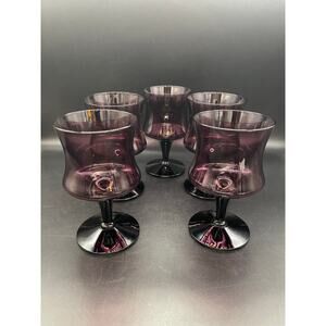 Viski Seneca Purple Amethyst Set of 5 Crystal Goblets Wine Water Glasses 6"